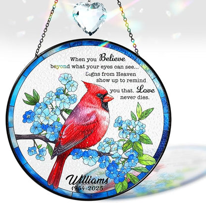 Personalized Cardinal Memorial Stained Glass Suncatcher, Red Cardinal Window Hanging Suncatcher with Crystal, Sympathy Gifts for Loss of Loved One, Remembrance Gifts for Grandparent, Mom, Home Décor