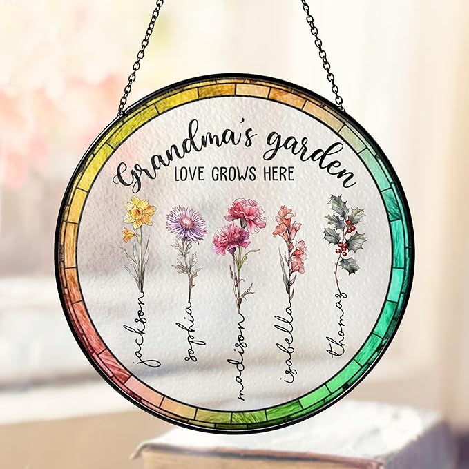 Personalized Grandma’s Garden Stained Glass Window Hanging Ornament, Custom Birth Month Flowers with Kids’ Names, Grandma Love Grows Here Floral Art Decoration, for Mom Grandma