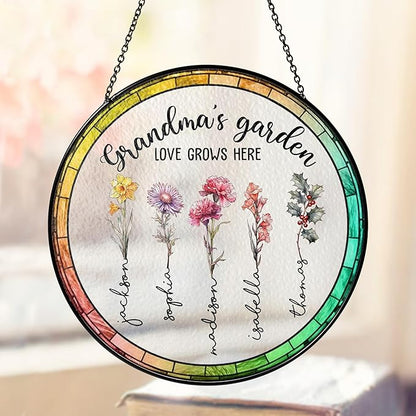 Personalized Grandma’s Garden Stained Glass Window Hanging Ornament, Custom Birth Month Flowers with Kids’ Names, Grandma Love Grows Here Floral Art Decoration, for Mom Grandma