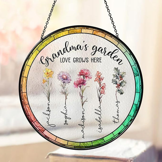 Personalized Grandma’s Garden Stained Glass Window Hanging Ornament, Custom Birth Month Flowers with Kids’ Names, Grandma Love Grows Here Floral Art Decoration, for Mom Grandma