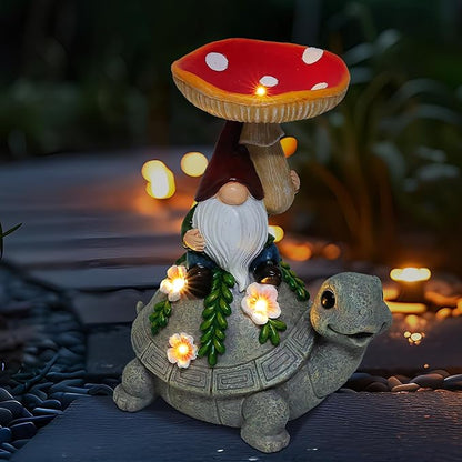 Turtle Garden Solar Statue with Mushroom Bird Bath Outdoor Waterproof, Gifts to Mom Women Grandma Birthday Mother's Day, Gnome Bird Feeder with LED Light for Yard Lawn Porch Outside Decor