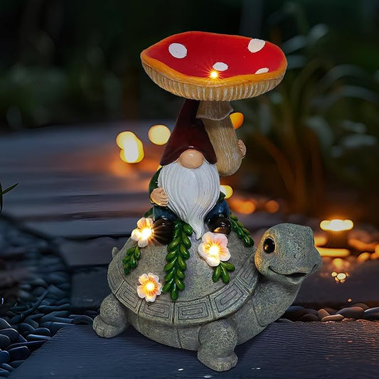 Turtle Garden Solar Statue with Mushroom Bird Bath Outdoor Waterproof, Gifts to Mom Women Grandma Birthday Mother's Day, Gnome Bird Feeder with LED Light for Yard Lawn Porch Outside Decor