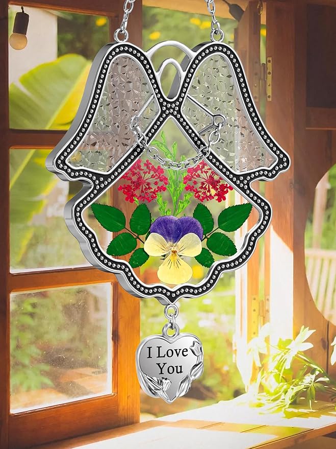 KY&BOSAM Angel Suncatcher I Love You Stained Glass Panels Suncatcher for Window Hanging Wind Chime with Pressed Flower and Metal Trim Sister Heart Charm Birthday Gift for Mom Mothers Day Christmas