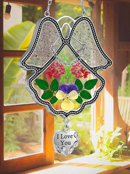 KY&BOSAM Angel Suncatcher I Love You Stained Glass Panels Suncatcher for Window Hanging Wind Chime with Pressed Flower and Metal Trim Sister Heart Charm Birthday Gift for Mom Mothers Day Christmas