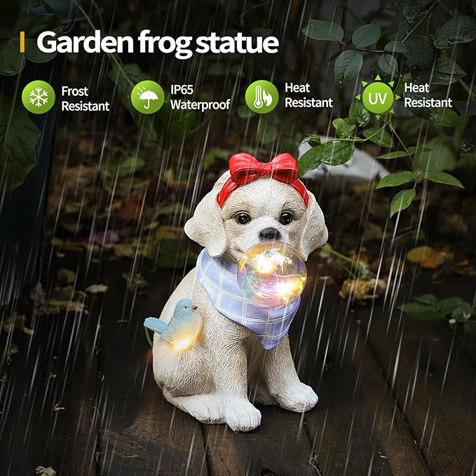 9.4" Solar Dog Garden Statue with Bubble Light, Cute Sitting Puppy Resin Outdoor Decor with Bird Light, Waterproof Solar Powered Animal Statue for Yard, Lawn, Garden