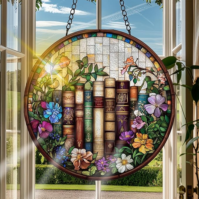 VAIIEYO Book Sun Catcher Stained Glass Window Hanging Ornament, Handmade Sun Catcher Flower Decoration with Hooks for Window Garden Home, Birthday Housewarming Gift 7.8 inch