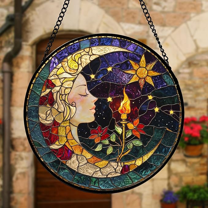 DASTOLL Stained Glass Window Hanging, Moon Goddess Torch Suncatcher Diamond Glass Panel Hangings Dream Sun Catchers Decor for Birthday for Women, Men, Wife, Aunt, and Mom 7.8 in