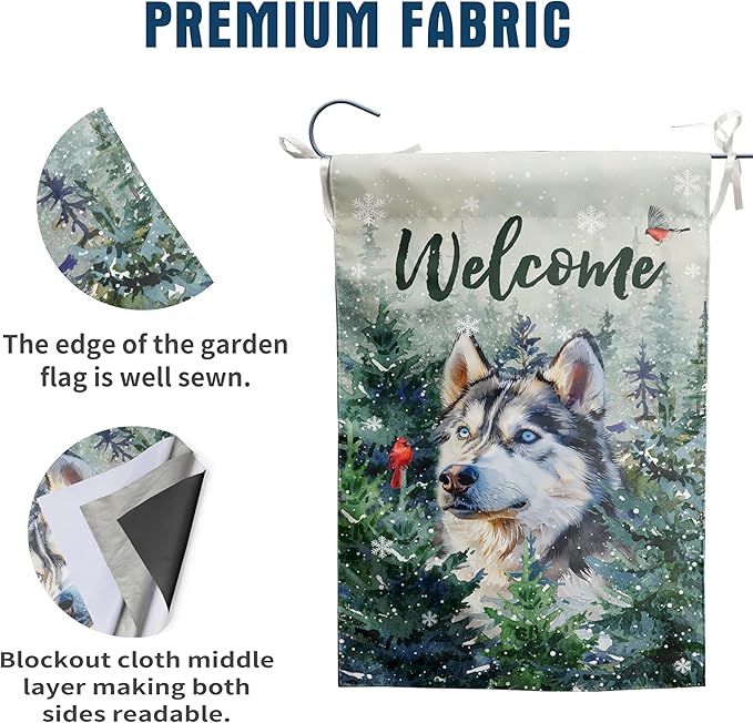 Welcome Winter Garden Flags Husky Garden Flag Cardinal Birds on Snowy Pine Tree Flag Dog Yard Flags for Outside 12x18 Double Sided Christmas Decorative