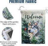 Welcome Winter Garden Flags Husky Garden Flag Cardinal Birds on Snowy Pine Tree Flag Dog Yard Flags for Outside 12x18 Double Sided Christmas Decorative