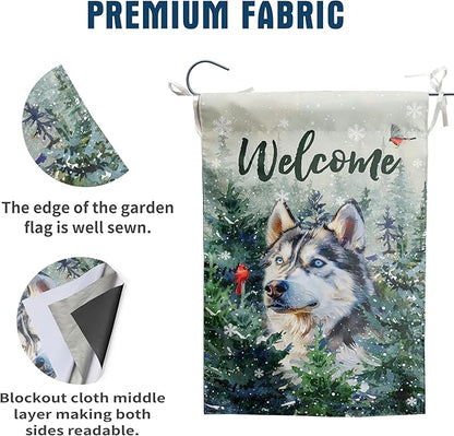 Welcome Winter Garden Flags Husky Garden Flag Cardinal Birds on Snowy Pine Tree Flag Dog Yard Flags for Outside 12x18 Double Sided Christmas Decorative