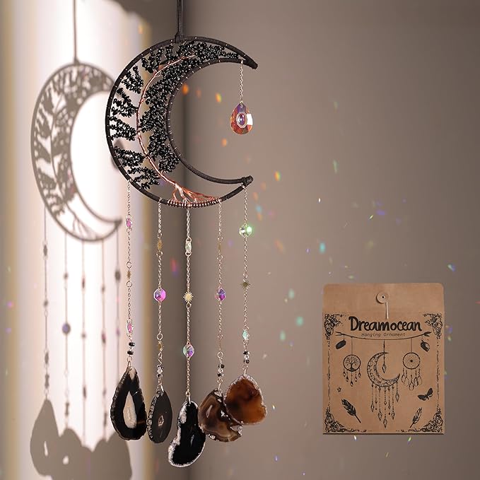 Black Dream Catchers, Dreamocean Moon Tree of Life Dream Catcher with Agate Crystal Suncatchers for Windows Hanging Prism Rainbow Maker Pendant Unique Crystal Gifts for Women
