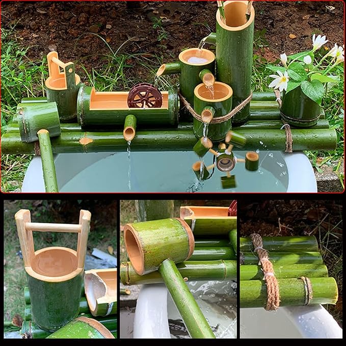 Bamboo Water Fountain Outdoor Water Fountain with Pump,Easy Install in Pond Or Garden,Handmade Smooth Natural Split-Resistant Bamboo,50Cm/19.7In