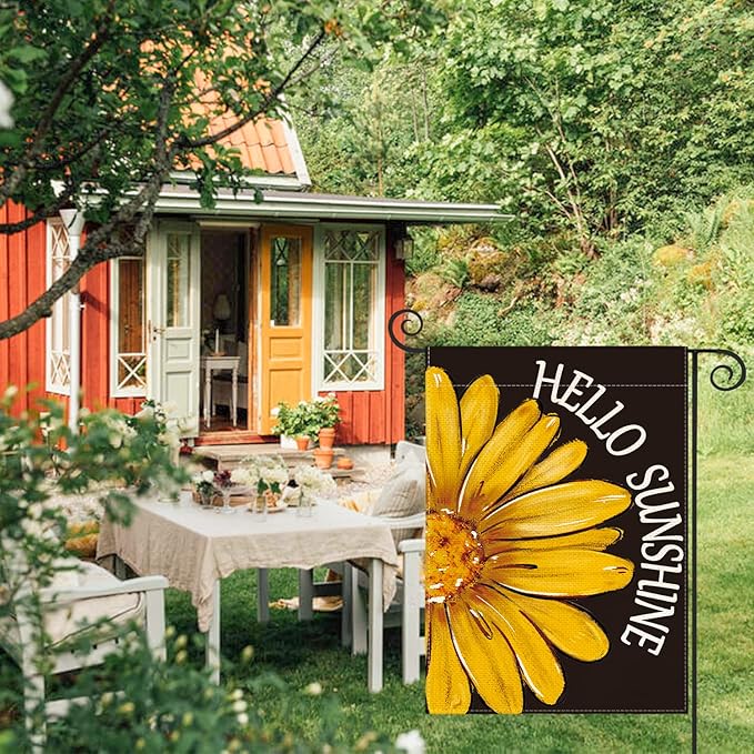 AVOIN colorlife Hello Sunshine Garden Flag 12x18 Inch Double Sided Outside, Summer Spring Floral Yellow Daisy Yard Outdoor Flag Black