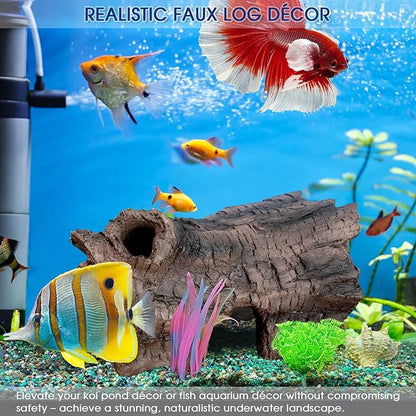 Faux Log Fish Cave, Fish Hide & Aquarium Cave for Koi Pond Decor All-Weather Predator Protection Shelter Durable Pond Decorations for Ponds, Aquariums and Terrariums