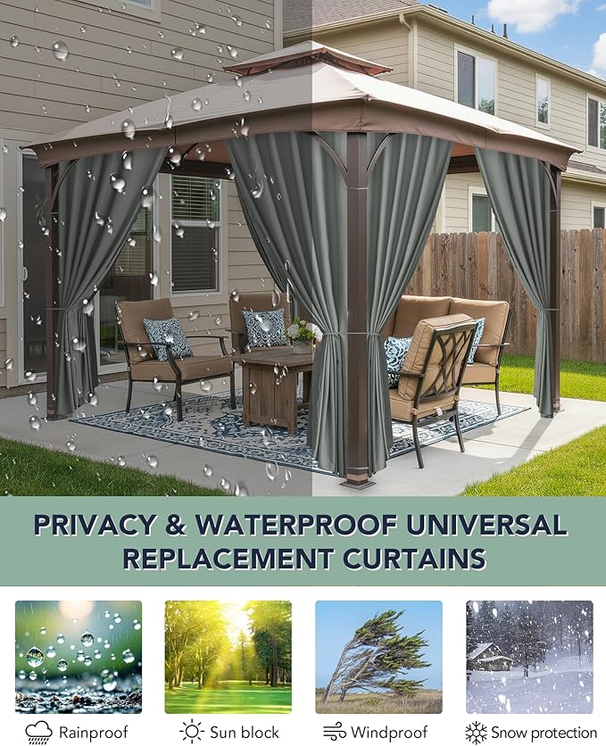 Outdoor Curtains Patio Waterproof - 10'Wx10'Lx7.9'H Gazebo Universal Replacement Privacy Curtains, 4 Panels Outside Sidewall Drapes with Zipper for Pergola Garden Backyard, Grey