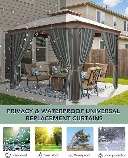 Patio Curtains Outdoor Waterproof - 10'Wx12'Lx7'H Weatherproof Pergola Outside Curtains, Gazebo Universal Replacement Privacy Curtains, 4 Panels Sidewall Drapes with Zipper, Grey