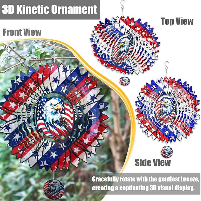 Sunflower American Flag Eagle Patriotic Wind Spinners Outdoor for Yard and Garden,12 Inch 3D Stainless Steel Metal Hanging Kinetic Wind Sculpture, Independence Day Decor Indoor Ar