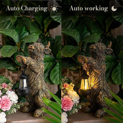 TERESA'S COLLECTIONS Highland Cow Garden Decor with Solar Lantern,High Mountain Yak Yard Decorations Outdoor, Holding Light Resin Outdoor Statues for Patio Porch Lawn,Gifts for Mom Dad 10"