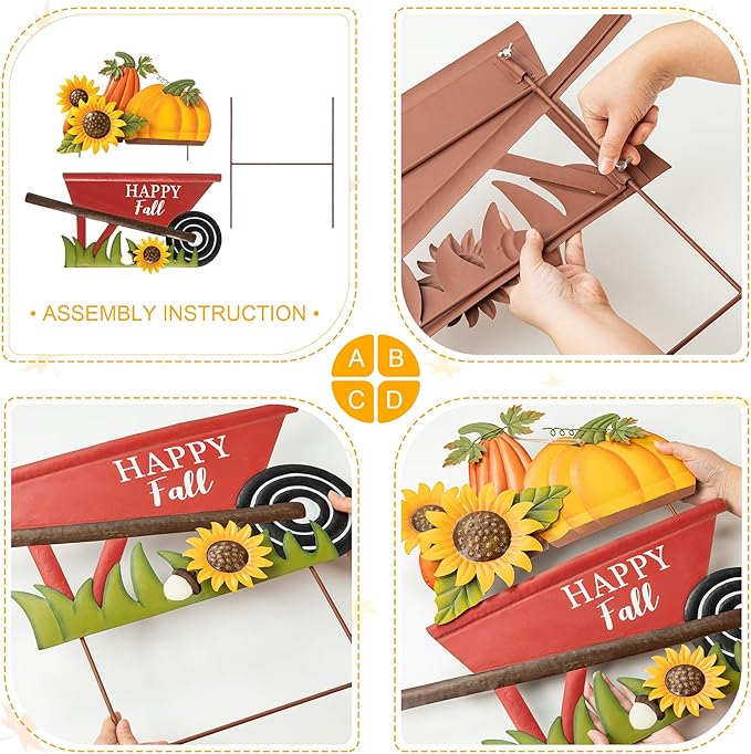 Glitzhome 30" H Fall Metal Wheel Barrow Pumpkin Yard Stake/Hanging Wall Decor,Pumpkin Wagon Cart with Happy Fall Signs,Fall Harvest Porch Decorations for Thanksgiving Autumn Halloween Party Supplies