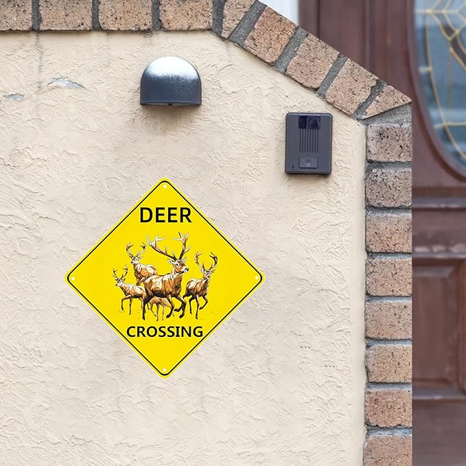 Deer Crossing Sign, 2-Pack 12"X12" Metal Wall Decor, Rustic Style, Yellow, Easy to Install, Durable
