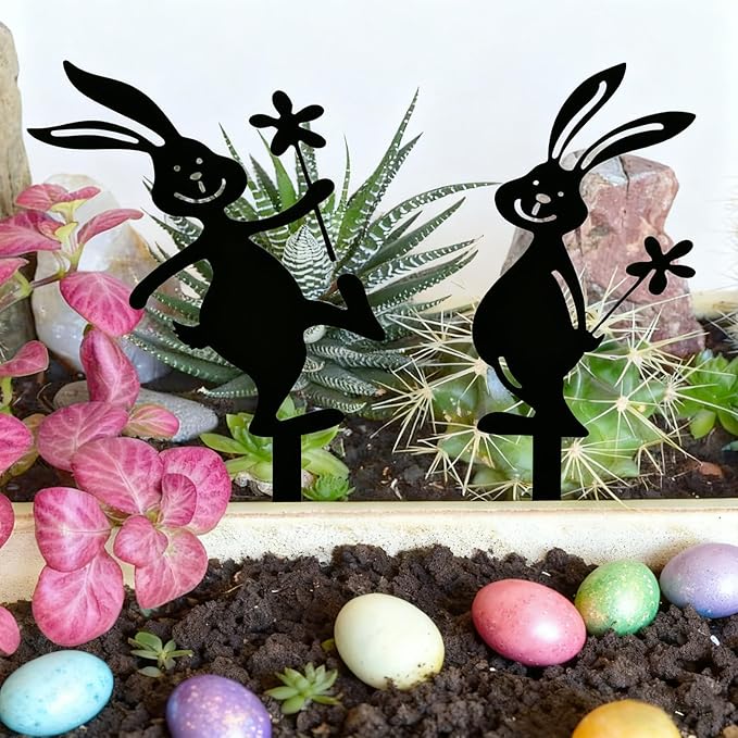 2 Pcs Metal Rabbits Decorative Statues, Black Metal Yard Art Animals Garden Stakes Rabbit Silhouette,Rabbits Yard Art, Flowerbed Decoration, Outdoor Decor
