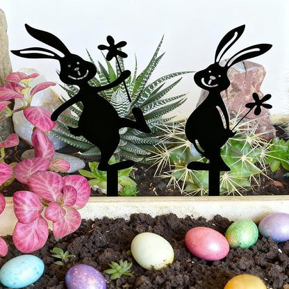 2 Pcs Metal Rabbits Decorative Statues, Black Metal Yard Art Animals Garden Stakes Rabbit Silhouette,Rabbits Yard Art, Flowerbed Decoration, Outdoor Decor