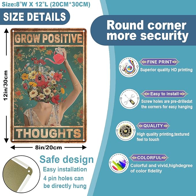 Vintage Tin Signs Grow Positive Thoughts Metal Sign Gift For Home Bedroom Plant Room Wall Decor bar club 8x12 inch
