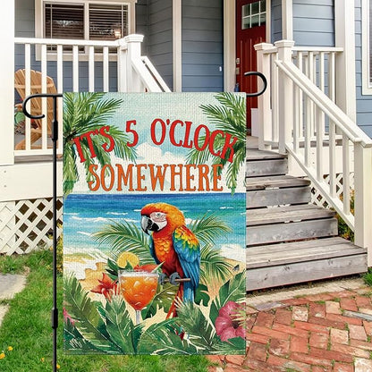 DLZDN Summer Parrot Bird Garden Flag It's 5 O'Clock Somewhere Garden Flag 12×18 Inch Double Side Vertical Burlap Farmhouse Yard Flag Summer Nautical Tropical Ocean Outdoor House Decoration