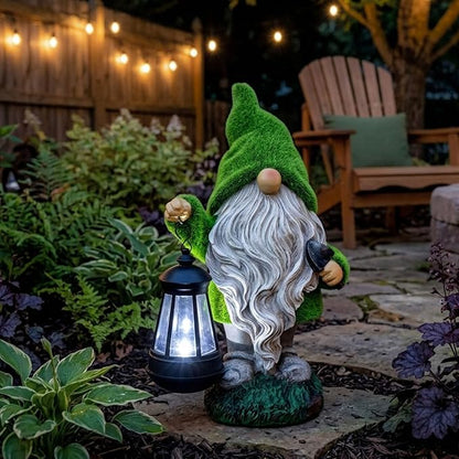 TERESA'S COLLECTIONS Christmas Outdoor Statue for Home, Resin Gnome Decorations with Solar Outdoor Lights for Garden Decor,Green Garden Sculptures & Statues for Front Patio Lawn, Gifts for Mom,12"