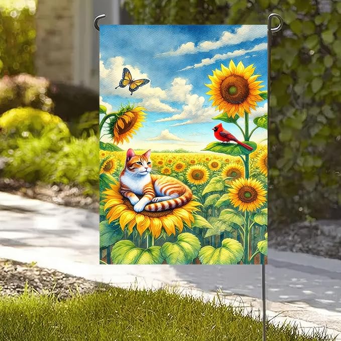 BlissYard Spring Cat Garden Flag 12x18 Inches Double Sided Cardinal Sunflower Butterfly Welcome Yard Flags Summer Seasonal Flower for Outside Decor Home Farmhouse Holiday Decorations
