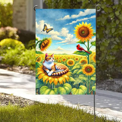 BlissYard Spring Cat Garden Flag 12x18 Inches Double Sided Cardinal Sunflower Butterfly Welcome Yard Flags Summer Seasonal Flower for Outside Decor Home Farmhouse Holiday Decorations