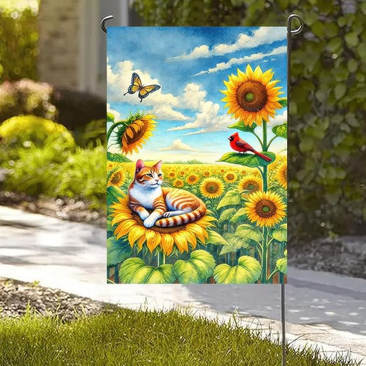 BlissYard Spring Cat Garden Flag 12x18 Inches Double Sided Cardinal Sunflower Butterfly Welcome Yard Flags Summer Seasonal Flower for Outside Decor Home Farmhouse Holiday Decorations