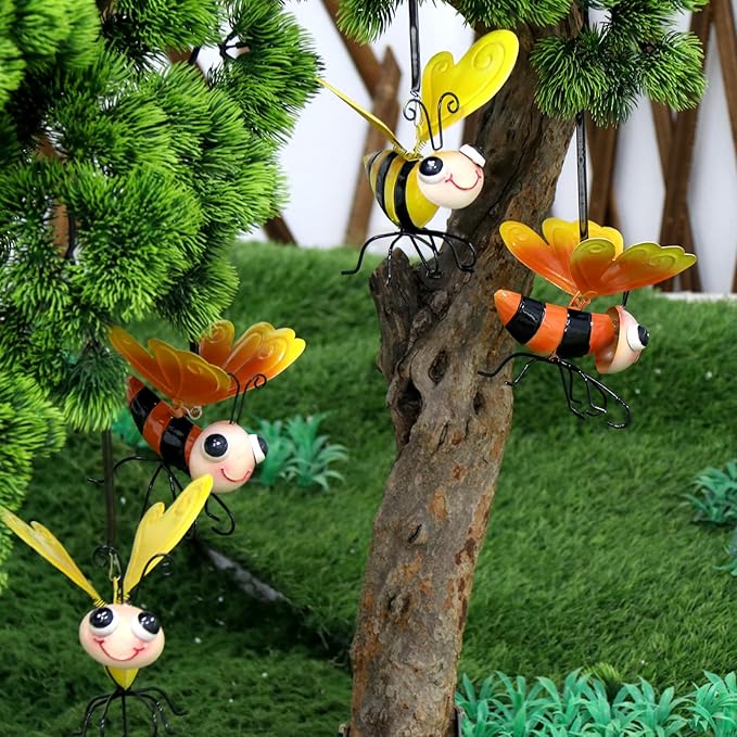 Decorative Garden Bee Sculptures, Yellow and Orange Metal Hanging Outdoor Statues (2)
