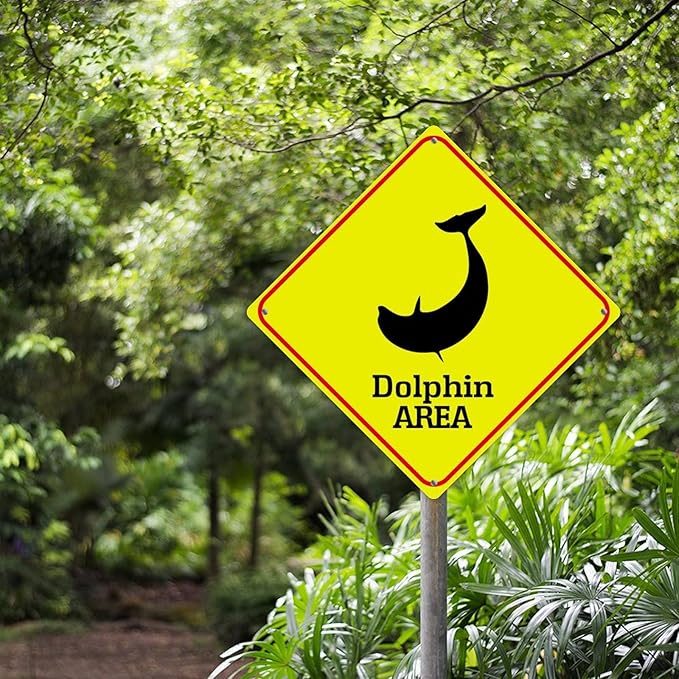 Dolphin Crossing Sign Caution DolphinXing Sign Street Sign Wildlife Novelty Road Fence Wall Decor Warning Metal Tin Sign For Indoor Outdoor 15x15in