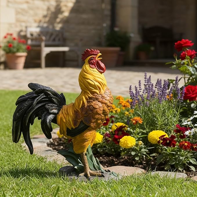 Chicken Statue Outdoor Decor,18.1''(H) Realistic Crowing Rooster Garden Sculptures for Yard Lawn,Resin Animal Figurines Home Porch Patio Art Decorations