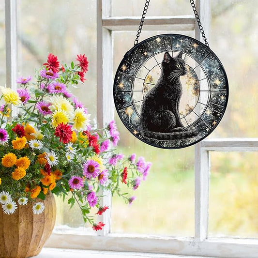 Black Cat Moon Suncatchers Stained Glass Window Hanging, Celestial Black Cat Sun Catchers Indoor Window Glass Round Wall Decor, Moon and Stars Wall Hanging Decorations, 7.9x7.9in