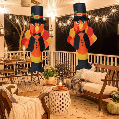 2PCS Thanksgiving Turkey Windsocks, Fall Thanksgiving Outdoor Hanging Windsocks for Tree Lawn Patio Garden Yard Decor, Fade Resistant Outdoor Wind Sock Flag for Fall Party Festival Decorations