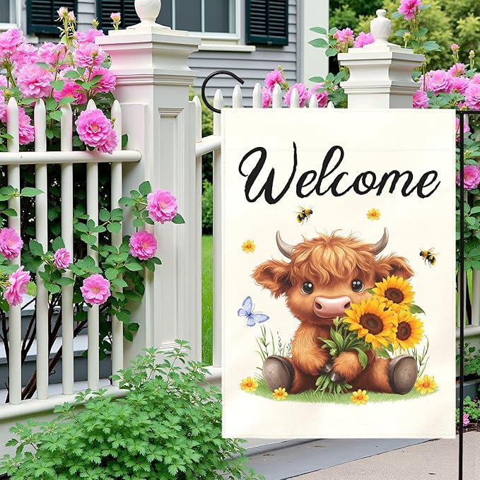 Welcome Highland Cow Garden Flag Spring Summer Sunflower Yard Flags Cute Farmhouse House Banner for Outdoor Front Yard Lawn Porch Patio Country Rustic Home Decoration 12x18 Inch