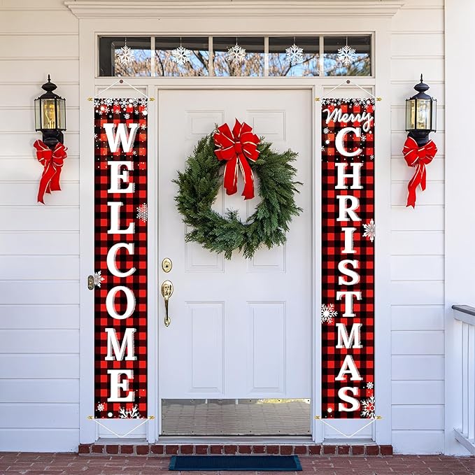 Ivenf Outdoor Christmas Decorations Yard: Red Black Buffalo Plaid Front Porch Sign Set, Hanging Welcome Merry Christmas Decorations for Home, Indoor Outdoor New Year Xmas Wall Front Door Yard Décor