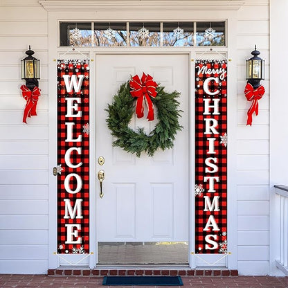Ivenf Outdoor Christmas Decorations Yard: Red Black Buffalo Plaid Front Porch Sign Set, Hanging Welcome Merry Christmas Decorations for Home, Indoor Outdoor New Year Xmas Wall Front Door Yard Décor