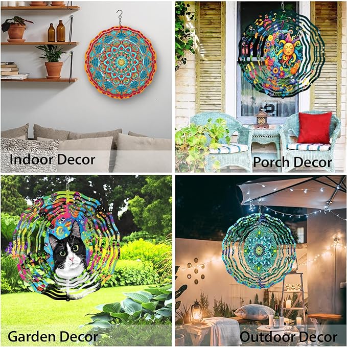 WIRESTER Hanging Wind Spinner 8 Inch, Metal 3D Wind Sculpture Ornament Decoration for Home Yard Garden Patio Balcony Indoor Outdoor - Teal Blue Green Mandala Vintage