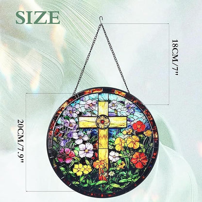 Cross & Wildflowers Stained Glass Window Hanging Suncatcher with Chain - 7.9" Outdoor/Indoor Art Decor for Home Garden, Thanksgiving, Wedding,Mother's, Valentine's & Christmas Ornaments Present