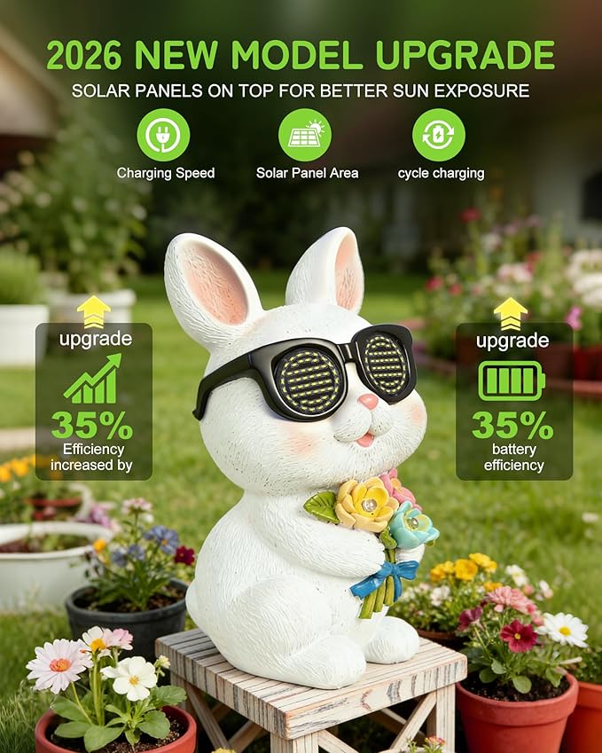 Solar Bunny Garden Outdoor Statues Decor, Rabbit with Flower and LED Lights Garden Decor for Home House, Yard Art Lawn, Ornaments, Porch Patio, Balcony - Birthday Gifts for Grandma Mom Women