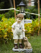 Solar Boy Statue Welcome Sign Garden Statues for Garden Decor, Porch, Lawn, Yard Art Decorations, Resin 23.2H inch