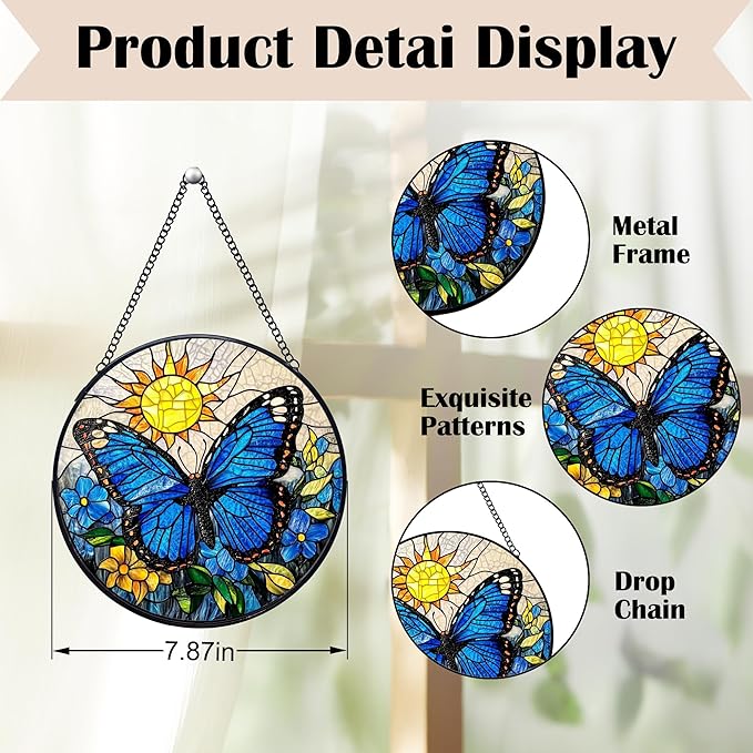 Butterfly Stained Glass Window Hanging Suncatchers, Blue Butterfly Flower Sun Catchers Indoor Window Glass Wall Art Decor, Nature Insect Floral Wall Hanging Decorations Sculptures, 7.9x7.9in