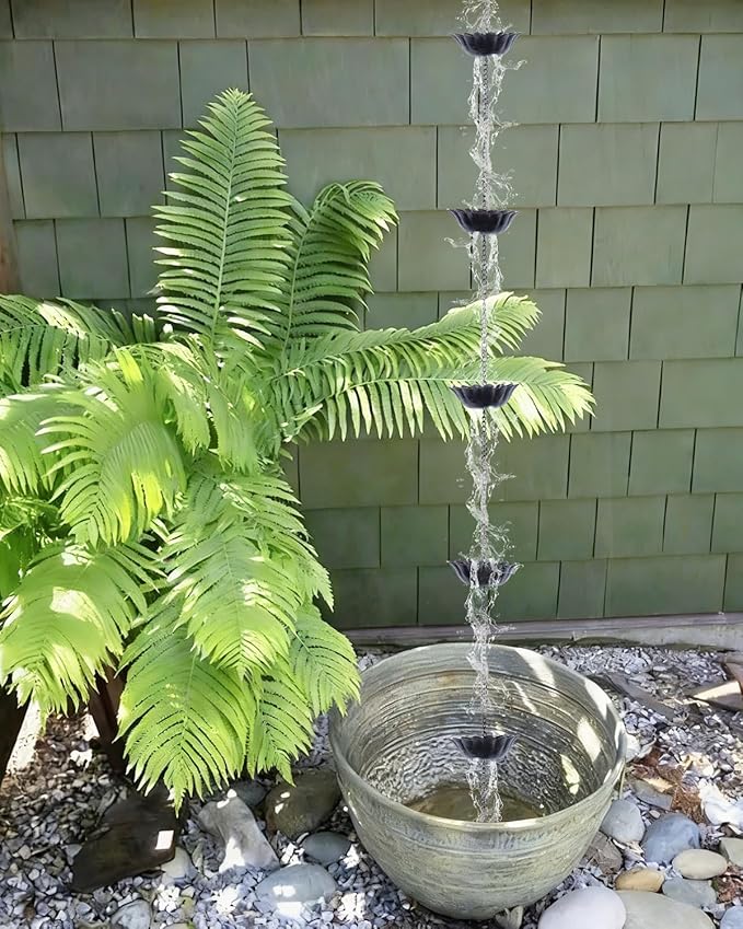 hogardeck 8.5FT Rain Chain with 12 Cups for Gutters Outside, Decorative Metal Rain Catcher with Adapter, Stake & Bell for Downspout Replacement, Garden Drainage, Eaves