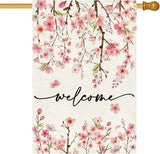 Baccessor Spring Summer Welcome House Flag 28 x 40 Inch Double Sided Burlap Pink Floral Cherry Blossom Green Leaf Farmhouse Large Yard Flag Summer Holiday Seasonal Outdoor Outside Decoration