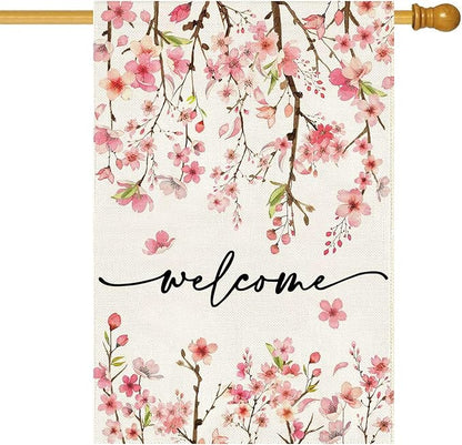 Baccessor Spring Summer Welcome House Flag 28 x 40 Inch Double Sided Burlap Pink Floral Cherry Blossom Green Leaf Farmhouse Large Yard Flag Summer Holiday Seasonal Outdoor Outside Decoration