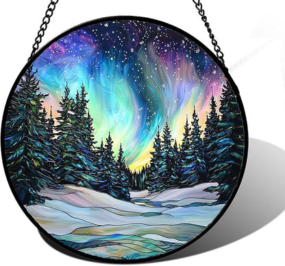 DASTOLL Stained Glass Window Hanging, Aurora Landscape Sun Catchers Glass Panel Green Trees Suncatcher Decor for Birthday for Women, Men, Wife, Aunt, and Mom 9.8 in