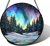 DASTOLL Stained Glass Window Hanging, Aurora Landscape Sun Catchers Glass Panel Green Trees Suncatcher Decor for Birthday for Women, Men, Wife, Aunt, and Mom 6.3 in